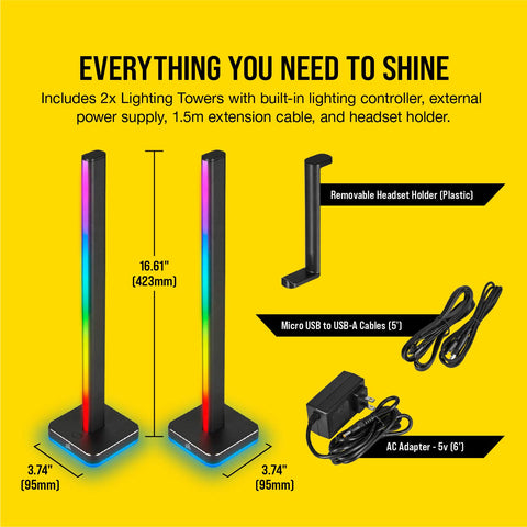 ICUE LT100 Smart Lighting Tower Starter Kit with accessories, shown with two 16.61-inch RGB towers and cables on yellow background.