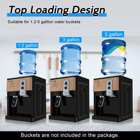 Top loading design of three temperature water dispenser with hot cold warm settings, displaying 1.2 to 5 gallon capacity bottles.