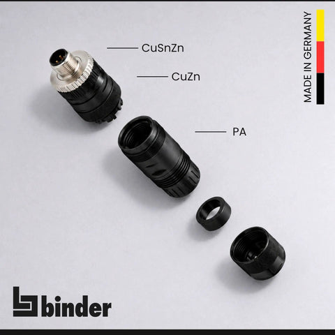 M12 L Coded 4 Plus FE Unshielded Power Cable Connector IP67 for 8 to 13mm Cables, Screw On M12 Thread, Industrial Grade, Field Ready Rugged Waterproof IP Rated, DIN EN IEC 61076-2-111 Compatible, exploded view, CuSnZn, CuZn, PA