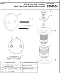 Diagram of Matte Black Lift and Turn Tub Drain Stopper Kit With Two-Hole Overflow Faceplate No-Putty Gasket, showing parts list.