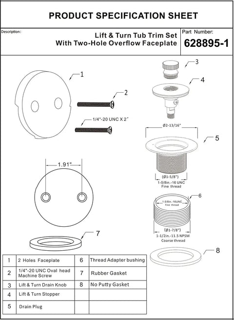 Diagram of Matte Black Lift and Turn Tub Drain Stopper Kit With Two-Hole Overflow Faceplate No-Putty Gasket, showing parts list.