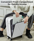Person using 20 Inch Carry On Luggage With Front Pocket And Front Opening Design Aluminum Hardside Spinner Wheels TSA Lock Airline Approved