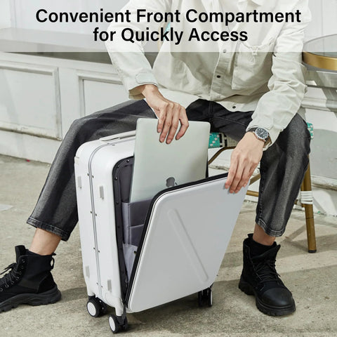 Person using 20 Inch Carry On Luggage With Front Pocket And Front Opening Design Aluminum Hardside Spinner Wheels TSA Lock Airline Approved
