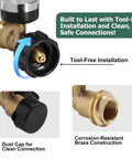 Close-up of Propane Tank Gauge 2 Pack with Leak Detector showing tool-free installation and brass construction details.
