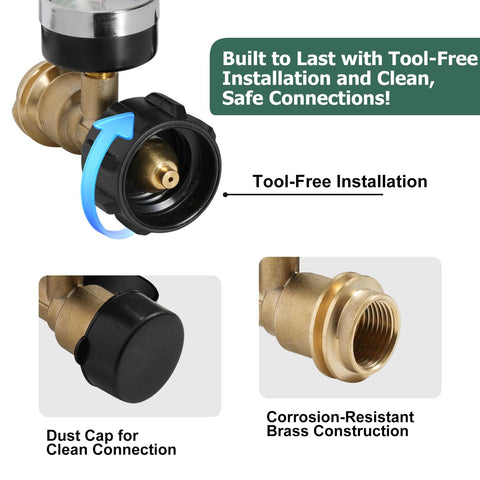 Close-up of Propane Tank Gauge 2 Pack with Leak Detector showing tool-free installation and brass construction details.