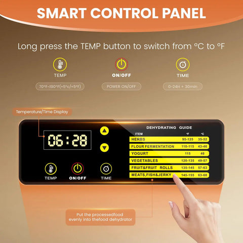 Smart control panel for Heavy Duty Twelve Tray Food Dehydrator With Adjustable Temp And 800W Motor displaying timer and temperature settings.