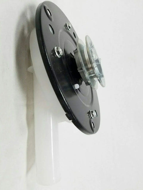Side view of washer drain pump replacement for Maytag and Magic Chef, two-port belt-driven pump with high flow, black and white.
