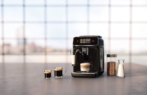 Crisp Roast Fully Automatic Espresso Maker With Killer LatteGo Milk Frothing, sleek black design and brewed coffee cups displayed.