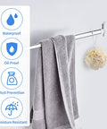 Badass 2 Pack Chrome Towel Bar Brackets For Shower And Tub Enclosure With Hardcore Zinc Alloy Design holding gray towel and bath loofah.