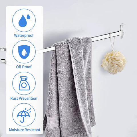 Badass 2 Pack Chrome Towel Bar Brackets For Shower And Tub Enclosure With Hardcore Zinc Alloy Design holding gray towel and bath loofah.