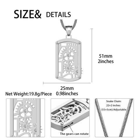 Diagram of Steampunk Gear Dog Tag Necklace With Rotating Mechanical Pendant In Stainless Steel, showing dimensions and features.