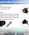 Dodge Cummins 12V Dowel Pin KDP Repair Kit For 1989 To 1998 5.9L Diesel Engines, Prevents Dowel Backout, Timing Cover Retainer, Pro Grade, Easy Installation, Keeps Your Engine Safe From Costly Damage., black metal retainer and bolt shown with compatibility details