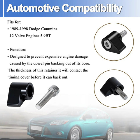 Dodge Cummins 12V Dowel Pin KDP Repair Kit For 1989 To 1998 5.9L Diesel Engines, Prevents Dowel Backout, Timing Cover Retainer, Pro Grade, Easy Installation, Keeps Your Engine Safe From Costly Damage., black metal retainer and bolt shown with compatibility details