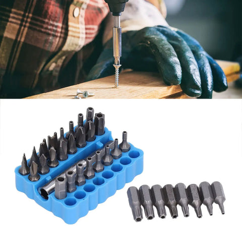 Top Pick For 33 Piece Security Screwdriver Bit Set With 1/4 Inch Hex Shank Featuring Torx Tr, Tri Wing, And Spanner Bits Made From Durable S2 Steel For All Your Gadget Repair Jobs. 33-piece S2 steel security bit set in blue holder, with gadget repair use