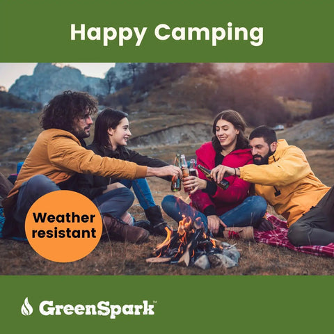 Group sitting around fire using Natural All Weather Fire Starters For Grill, Fire Pit, Campfire And Pizza Oven, Eco Friendly Pine Wood Wool