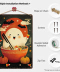 Funny Vintage Halloween Ghost Ramen Bowl Metal Sign Tin Wall Art 8 By 12 Inch for Home Office Garage Decor with playful ghost illustration
