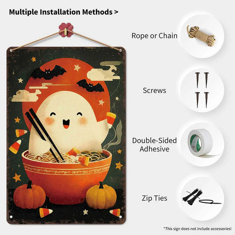 Funny Vintage Halloween Ghost Ramen Bowl Metal Sign Tin Wall Art 8 By 12 Inch for Home Office Garage Decor with playful ghost illustration
