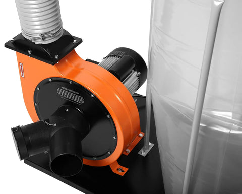 Close-up of Powerful Woodworking Dust Collector, 1300 CFM, 14 Amp Motor, 5-Micron Filtration, 50-Gallon Collection Bag, dual inlets