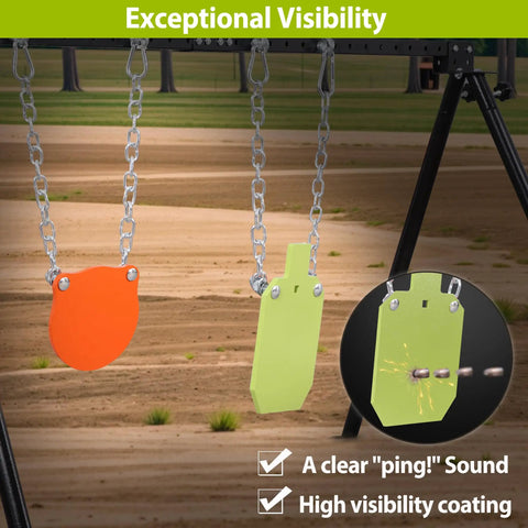 AR500 Steel Shooting Targets Combo Three Eighths Inch Thick, orange 6 inch and green 7x12 inch targets on chains