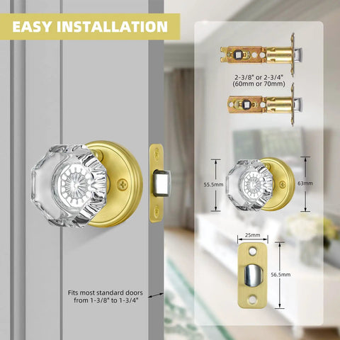 Octagon Crystal Glass Door Knob With Privacy Lock For Interior Doors Satin Brass Finish Inside Thumb Button Lock With Emergency Allen Key Release Ideal For Bathroom And Bedroom Privacy