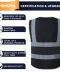 Back view of high visibility safety vest displaying reflective mesh, 6 pockets, and certification badge. ANSI ISEA compliant, size XL.