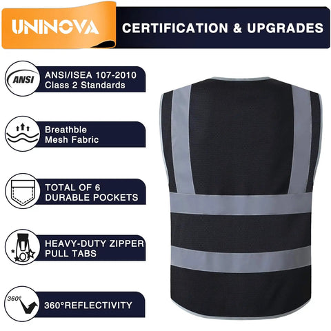 Back view of high visibility safety vest displaying reflective mesh, 6 pockets, and certification badge. ANSI ISEA compliant, size XL.