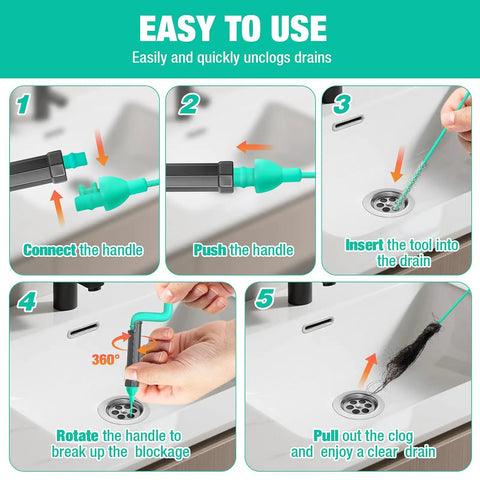 40 Inch Flexible Bathroom Drain Hair Remover With Rotating Handle Reinforced Steel Drain Snake for easy unclogging steps.