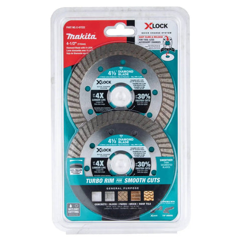 X-Lock 4 And A Half Inch Turbo Rim Diamond Blade For Masonry Cutting, 2 Pack, displayed in retail packaging