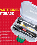 Mini Four Piece One Quarter Inch Drive Ratchet Wrench Set in clear case with moisture proof and durable design displayed on red background