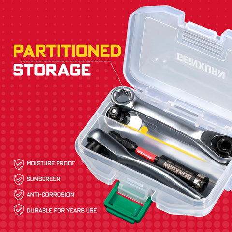 Mini Four Piece One Quarter Inch Drive Ratchet Wrench Set in clear case with moisture proof and durable design displayed on red background