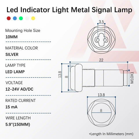 Technical diagram of Five Pack LED Indicator Lights 12V to 24V Waterproof IP65 Metal Signal Lamps with 10mm Mounting Hole and 150mm Wires.