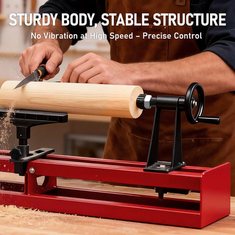 Rock Solid 14X40 Benchtop Wood Lambe Machine With Gnarly Turning Span And Smooth Variable Speed Drive Plus No Fuss Chisel Kit in use shaping wood