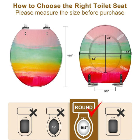 Round Resin Toilet Seat for Bathroom with size measurements, showing 16.5" height and 14.5" width for fit confirmation.