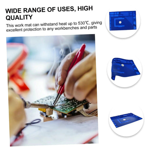 Person using insulated magnetic work mat for electronics repair with heat resistant soldering pad shown in different angles.