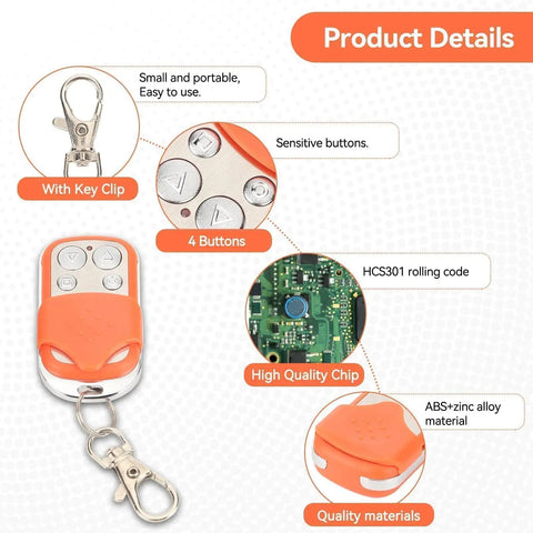 Diagram of Portable Gate Opener Remote For Driveway And Chicken Coop Doors, HCS301 Rolling Code 433.92MHz, highlighting features