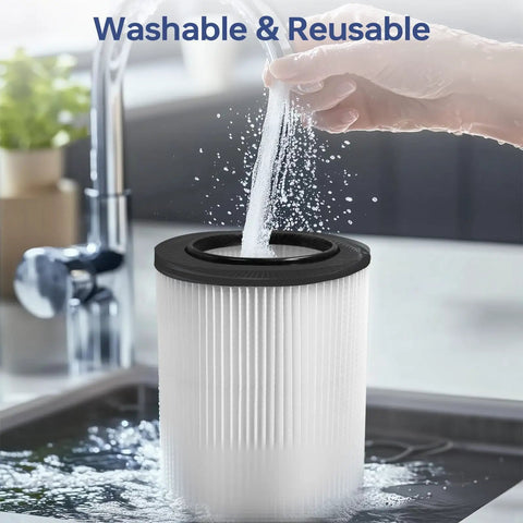 Two Pack VF4000 Replacement Wet Dry Vacuum Filter being washed in a sink, emphasizing washable and reusable features.