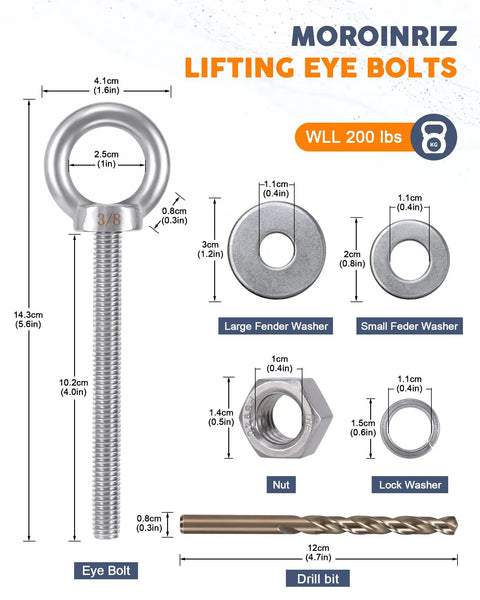 Diagram showing Workhorse Stainless Steel Eye Bolts 3/8-16 Threaded 4 Inch Shank, 5.6 Inch Total Length, with washers and drill bit.