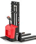 High Capacity Walkie Pallet Stacker With Electric Power, 3300 lb material lifter, adjustable forks, 138 inch lift height.