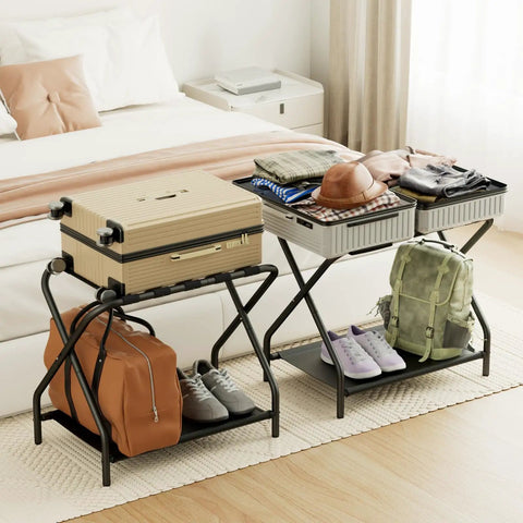 Heavy Duty Foldable Luggage Rack Set Of Two Built Tough Metal Suitcase Stands For Travelers Non Slip Nylon Straps Compact Portable Bag Holders For Guest Rooms Keeps Your Gear Neatly Elevated No Sweat Setup Required Ever