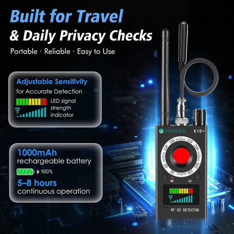 Hidden Camera Detector Pro with antennas and LED indicators, designed for travel and home security