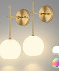 Gold Wireless Wall Sconces Set Of Two With Rechargeable Battery And Remote, modern design, mounted with round glass globes.