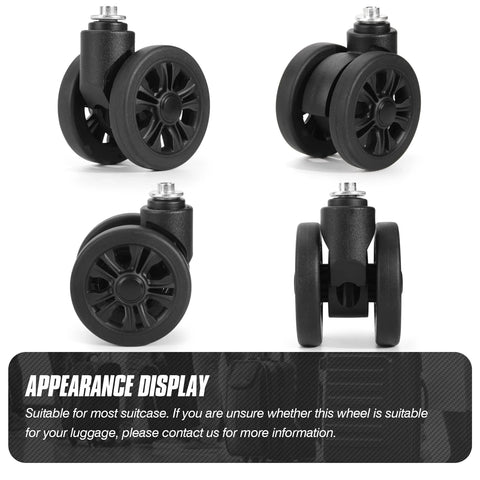 2 Pack Luggage Wheel Replacement Set For Suitcases, 55 Mm Diameter, 25 Mm Axle, Universal Silent 360 Degree Spinner Wheels For DIY Repair, Smooth Mute Glide, Black LN2, Durable Construction For Smooth Roll On Most Surfaces front and side view.