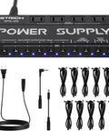 Ten Independent DC Outputs Guitar Pedal Power Supply For Effects with cables and blue LED indicators, top view