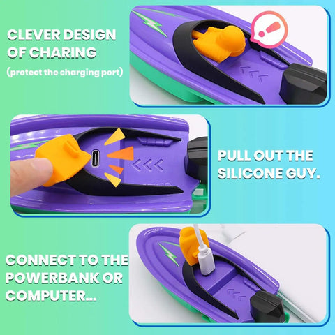Kids Remote Control Boat With Removable Inflatable Bumper Rechargeable Battery USB Charging Pool Ready Water Toy For Ages Eight To Twelve Purple Color Ideal Summer Gift showing USB charging port and silicone cover, detail views