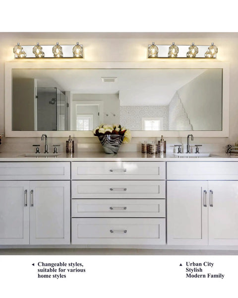 4 Light Bathroom Vanity Light With K9 Crystal Lampshades And Silver Chrome Finish above modern double sink vanity