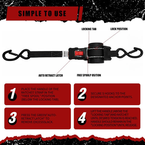 4 Pack Auto-Retractable Ratchet Tie Downs 1 Inch by 12 Foot Cargo Straps with auto retract latch and locking features.