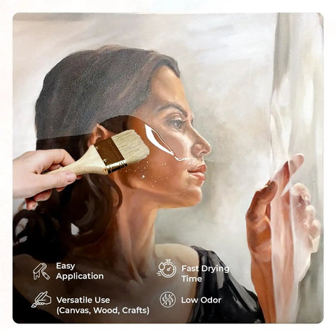 Artist applying Crystal Clear Acrylic Varnish With Ultra High Gloss Finish, 3.38 Fl Oz on portrait painting, highlighting non-toxic sheen.
