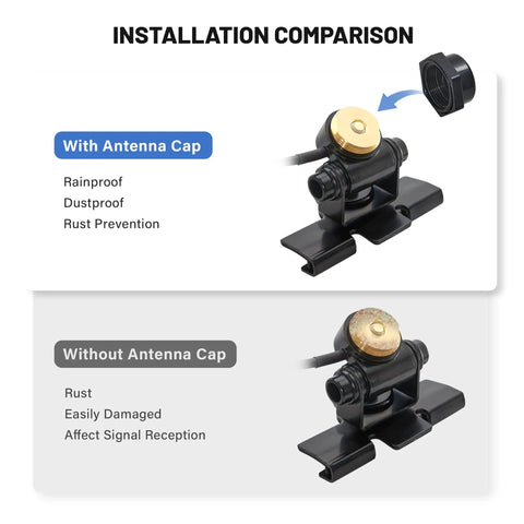 Installation comparison of NMO Antenna Lip Hatchback Mount Bracket With Through Hole Fixed Cap For Vehicle Ham Radio 16.5 Ft RG58