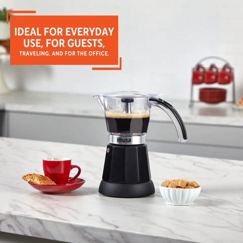 6 Cup Or 3 Cup Electric Espresso Maker Black Coffee Machine with durable cast aluminum base on kitchen counter