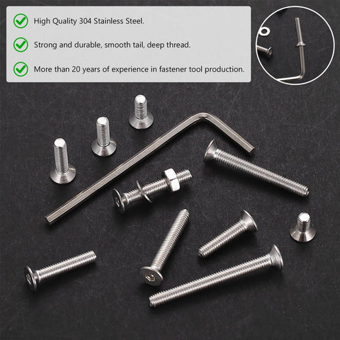 Ultimate 810 Piece M3 Screws Set With 304 Stainless Steel Flat Head Hex Socket Cap Screws shown with hex wrench on black background.